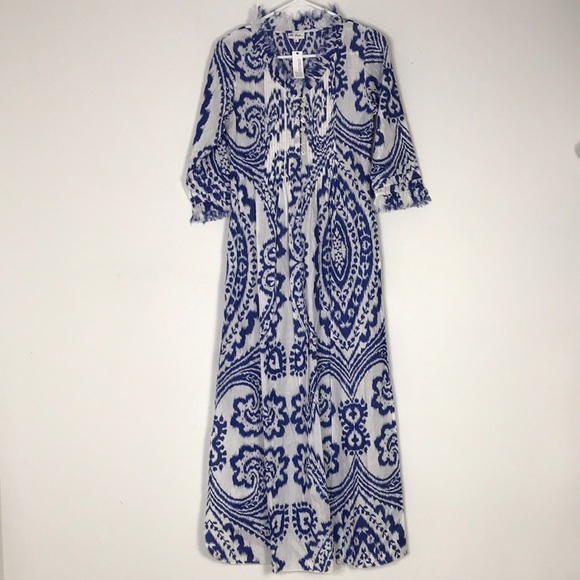 NWT At Last Cotton Annabel Maxi Dress in Blue & White Ikat - Picture 4 of 10